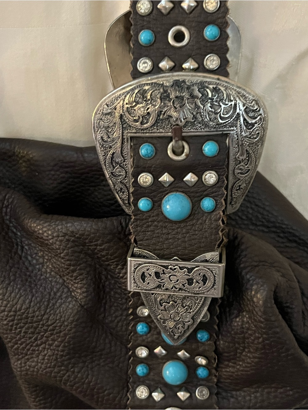 Dark Brown Shoulder Bag with Turquoise Stud Detailing - Picture 2 of 9